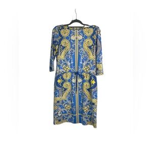 J McLaughlin Marianne‎ Tie Waist Dress Blue Yellow Catalina Fabric 3/4 Sleeve M